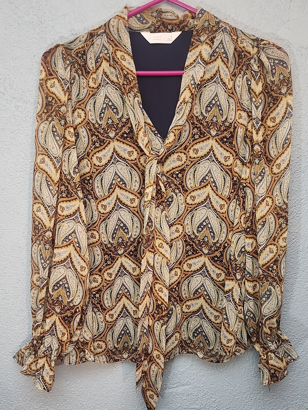 LC Lauren Conrad Paisley Tie-Neck Blouse in Mustard and Brown
